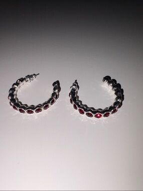 ❤️‍🔥3/10$❤️‍🔥Silver Hoop Earrings with Red Gem Accents